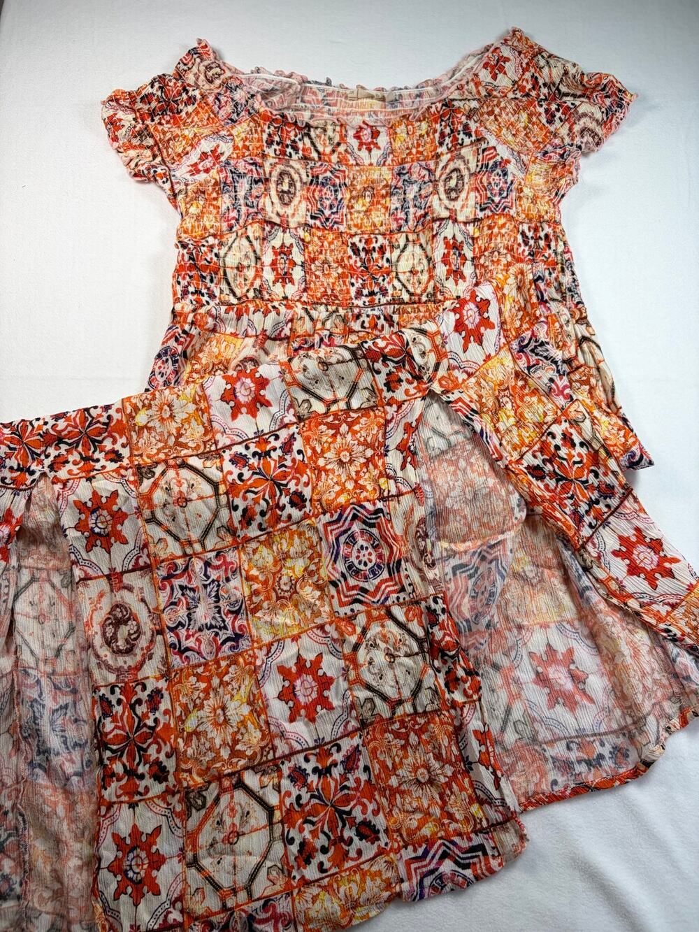 Soft Surroundings Women’s Large Boho Maxi Dress Smocked Orange Mosaic tile print